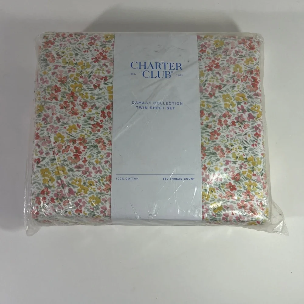 Charter Club Damask Collection Ditsy Floral Twin Sheet Set 550 TC Cotton NIP‎